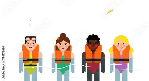 Four People Swimming In The Water Wearing Life Jackets For Safety And Recreation