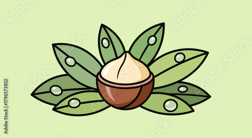 Fresh Macadamia Nut Surrounded by Green Leaves Depicted in a Stylish Cartoon Arrangement