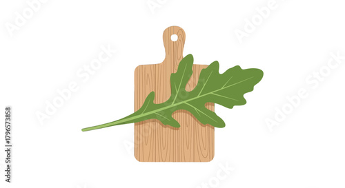 Fresh Arugula Leaf Resting On Wood Cutting Board And Isolated On Black Background