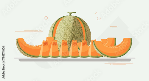 Fresh Melons Displayed Ready To Eat, Healthy Food With Vector Style Composition