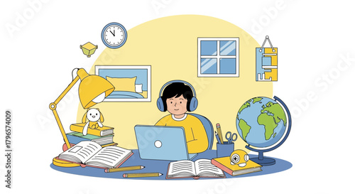 Boy with headphones studies online using a laptop at his desk with books around