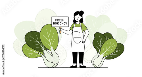 Fresh Bok Choy Display: A Culinary Illustration with an Aproned Vendor Presenting Vegetables