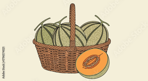 Fresh Melons Presented Beautifully in Wicker Basket Depicting Refreshing and Sweet Produce