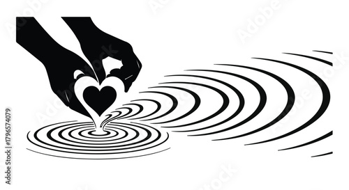 Hands gently place a heart into rippling water, creating waves of emotion and connection.