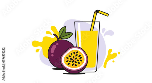 Fresh Passion Fruit Juice Illustration Depicting Summer Refreshment on a White Background
