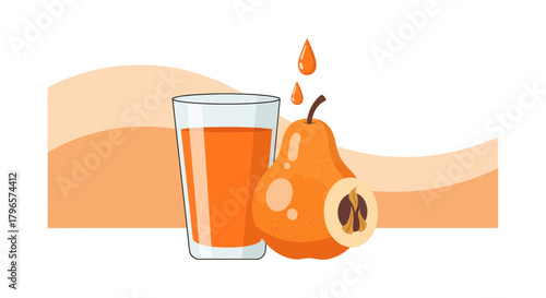 Fresh Pear Juice Next To A Ripe Pear, Juice Drops, Healthy Drink, Organic Concept