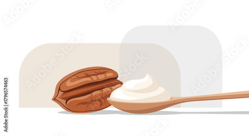 Fresh Pecan With Creamy Dessert in a Spoon on a White Background