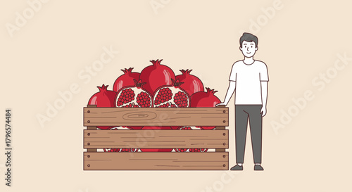 Fresh Pomegranates Displayed Within A Wooden Crate And A Smiling Person Present