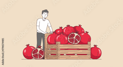 Fresh Produce and A Vendor Presenting A Wooden Crate With Pomegranates