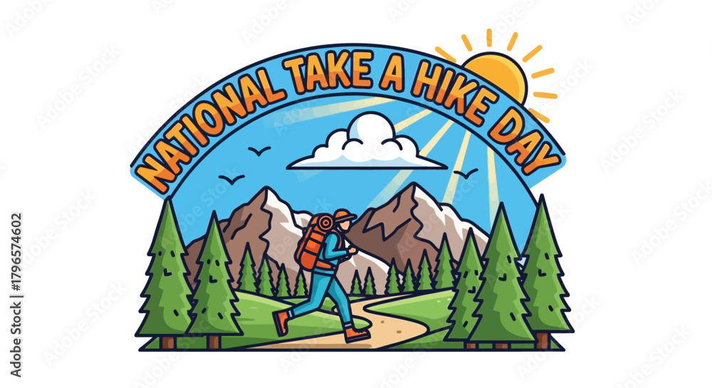 Obraz premium National Take a Hike Day illustration with hiker, mountains, and trees.
