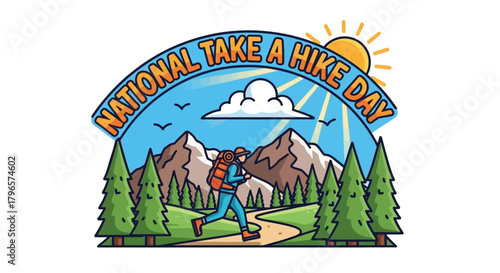 National Take a Hike Day illustration with hiker, mountains, and trees.