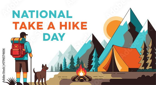 National Take a Hike Day illustration with hiker, dog, mountains, tent, and campfire.