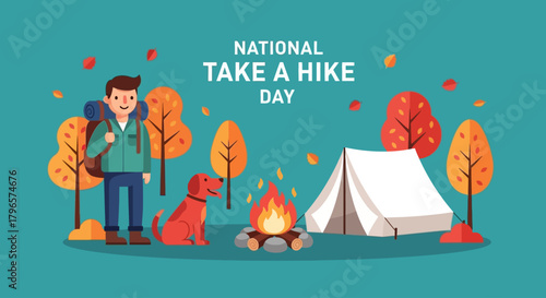 National Take a Hike Day illustration with hiker, dog, tent, and campfire.