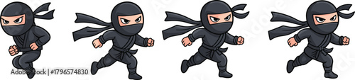 Ninja Running Pose Sequence, Cartoon Sprite Sheet, Black Outfit Action Frames, Game Animation Asset, Martial Arts Character Design