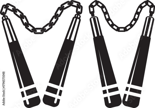 Two pairs of black nunchucks linked by chains silhouette