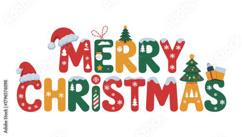 Festive Christmas Greeting: A vibrant and cheerful Merry Christmas greeting adorned with whimsical holiday elements, perfect for spreading seasonal cheer.