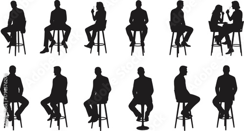People sitting silhouettes, stool pose vector, seated posture graphic, social interaction icon, casual body language design, conversation gesture illustration