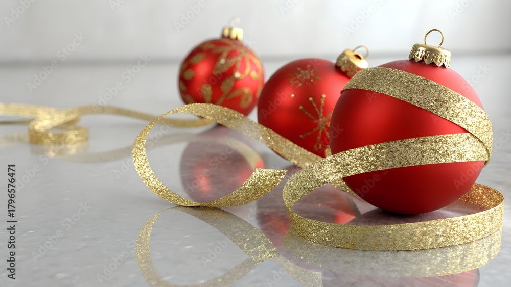 Naklejka premium Red Baubles with Gold Ribbons Christmas Banner