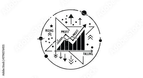 Abstract graphic representing financial growth and market trends with rising profits and falling losses.