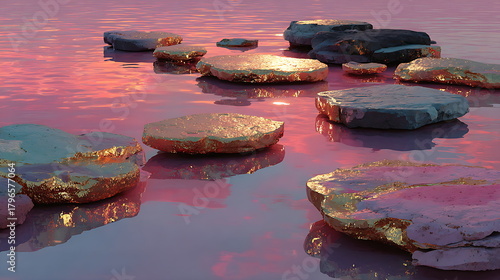 Techno-zen garden of floating metallic stones in soft pink water, gentle ripple reflections, warm dusk glow, concept illustration.