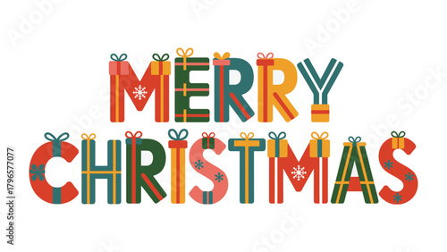 Joyful Greetings: A festive illustration spells out Merry Christmas in vibrant letters, each adorned with gift-themed patterns. A cheerful image to celebrate the holiday season!