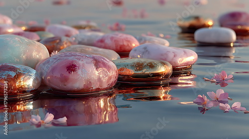 Techno-zen garden of floating metallic stones in soft pink water, gentle ripple reflections, warm dusk glow, concept illustration.