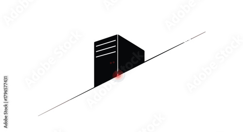 Black computer tower precariously balanced on a tilted surface, symbolizing risk and instability.