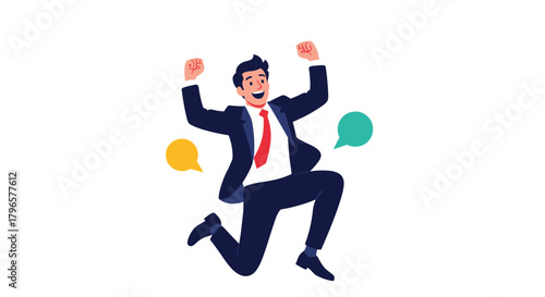 Excited businessman jumping with joy and celebrating a successful achievement in business