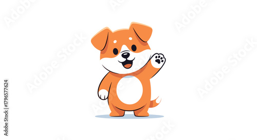 A cute orange puppy with a white belly waves hello with its paw happily.