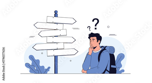 A traveler standing at a crossroads looks confused contemplating which path to take on their journey.