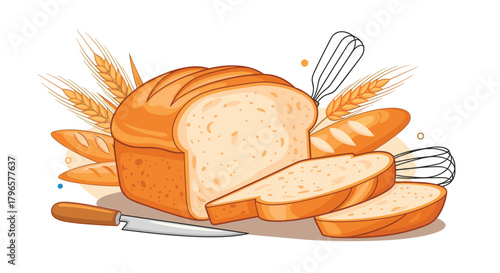 Freshly baked artisanal bread loaves and slices with wheat stalks and a knife.