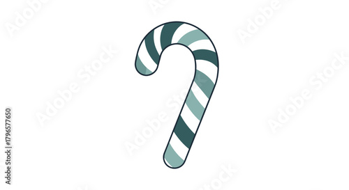 A teal and white striped candy cane is shown on a white background.