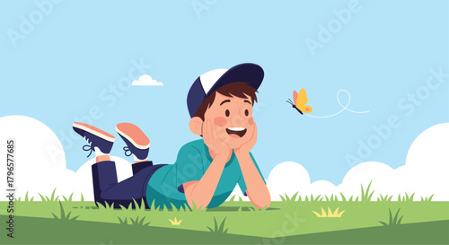 A young boy in a blue t-shirt and cap lying on green grass looking at a yellow butterfly.