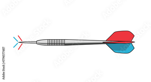 A detailed illustration of a dart with red and blue fins aimed forward on a white background.