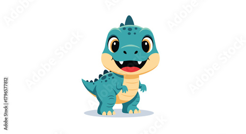 A cute cartoon baby blue dinosaur standing in a playful pose with big eyes and a wide smile, ready for fun.