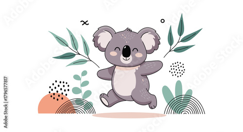 A joyful koala bear dancing happily among eucalyptus leaves and abstract shapes.