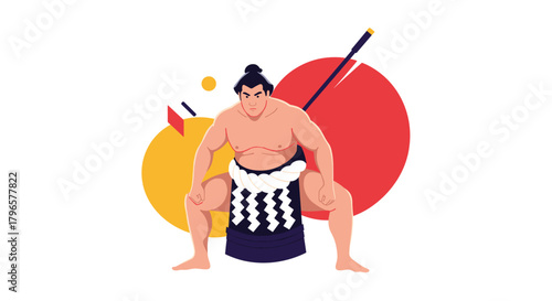 Traditional Japanese sumo wrestler performing a ritualistic stance in colorful artistic background.