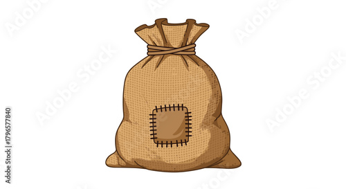 A large burlap sack with a patch on the front filled with an unknown substance.