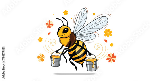 A busy bee collects nectar in small buckets surrounded by flowers.