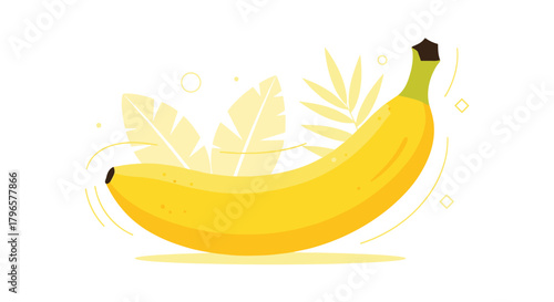 A bright yellow banana with subtle abstract tropical leaves in the background.