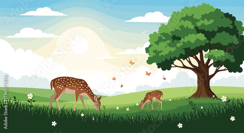 A serene meadow scene with two deer grazing peacefully under a large tree with butterflies flying around.