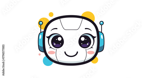 This is an adorable cartoon robot with big bright eyes and a happy smile.