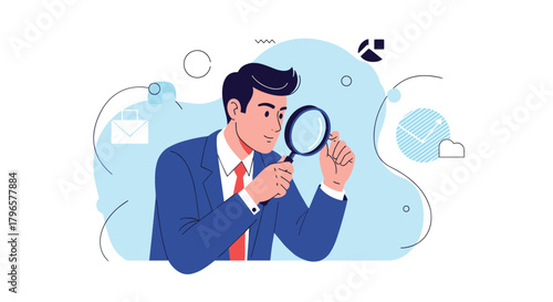 Man in suit examining something with a magnifying glass for business analysis and research purposes.