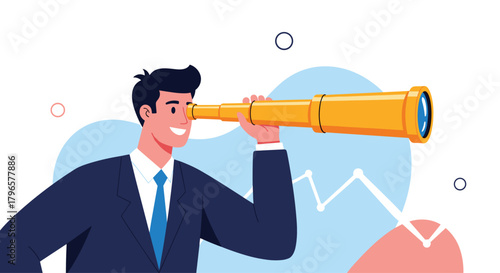 A businessman looking through a telescope for future opportunities in a growing market.