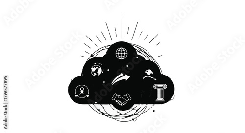 Abstract illustration of global interconnectedness and collaborative ideas forming a cloud.