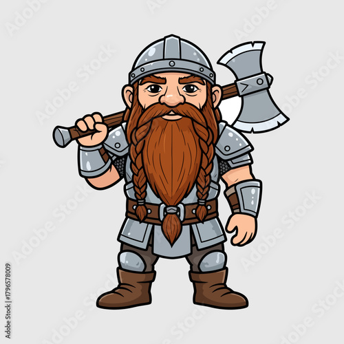 Cartoon Style Full Body Dwarf Warrior with Axe Fantasy Illustration