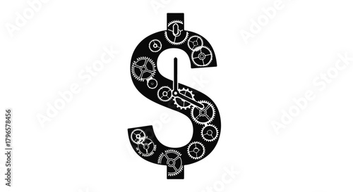 Intricate clockwork gears fill a dollar sign, symbolizing the mechanics of finance and time.