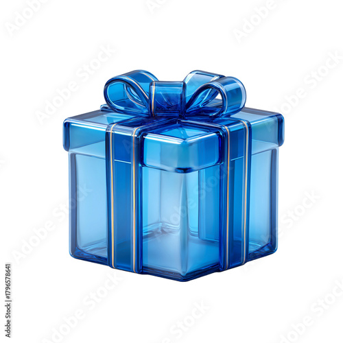 Transparent blue glass gift box with ribbon and bow on black background