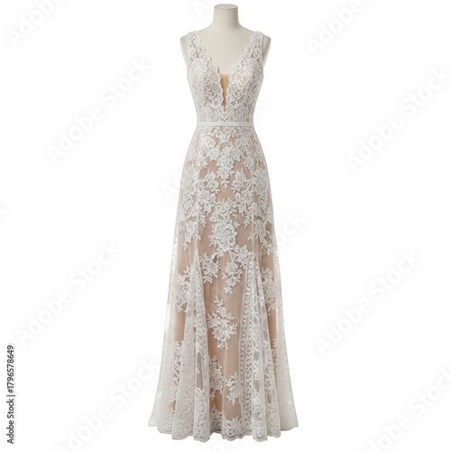 Elegant white lace wedding dress on mannequin, sleeveless and floral design isolated on transparent background