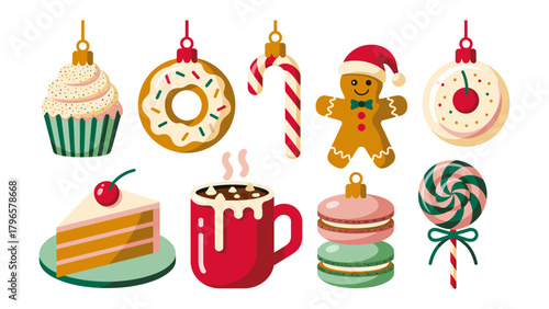 Festive Treats: An array of Christmas-themed sweets and desserts, offering a visual feast of festive cheer. Featuring a gingerbread man, cupcakes, donut, macarons, candy, hot chocolate, and cake.